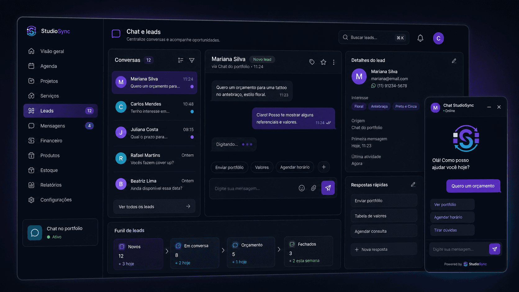 Interface do modulo Chat e leads no StudioSync