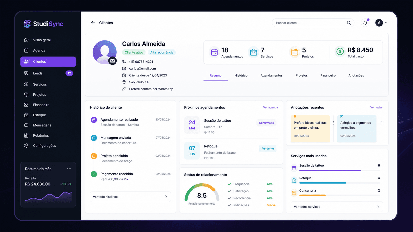 Interface do modulo Gestao de clientes no StudioSync