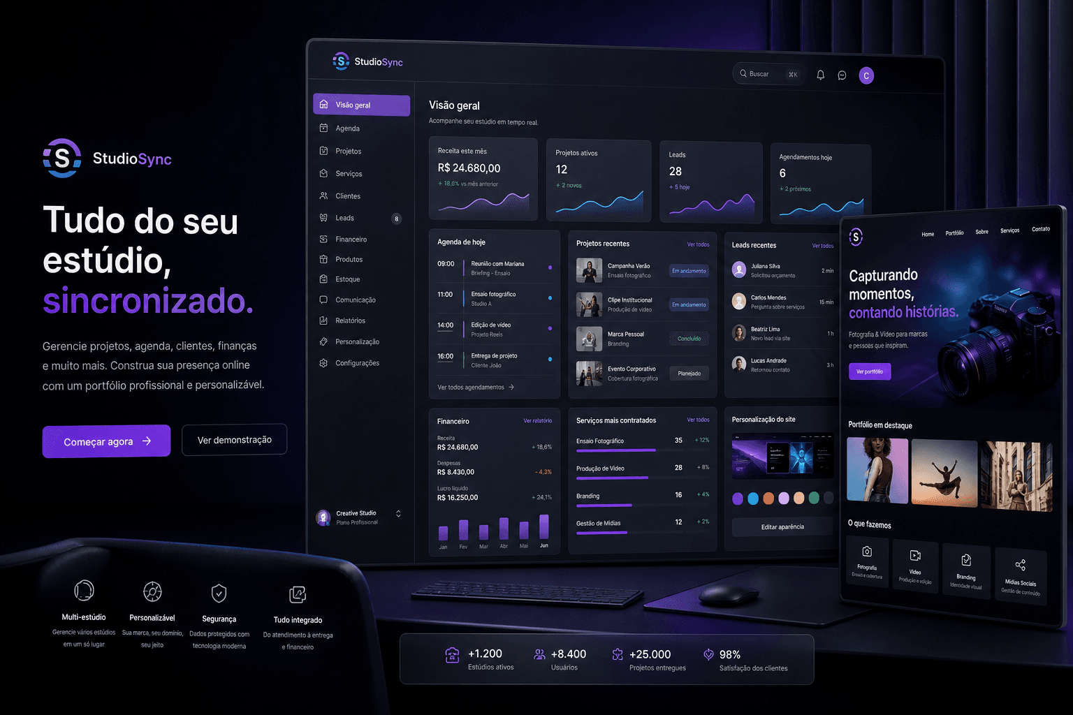 Interface do StudioSync com dashboard, portfolio, agenda, chat e modulos de gestao